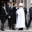 La famille royale de Suède (de g. à d. : la reine Silvia, le prince Carl Philip, le prince Daniel, la princesse Victoria et le roi Carl XVI Gustaf) aux obsèques de Dagmar von Arbin, comtesse de Wisborg, en l'église d'Oscar à Stockholm le 4 février 2020. Décédée à 103 ans et 8 mois le 22 décembre 2019, la comtesse Dagmar était la doyenne de la maison Bernadotte.
