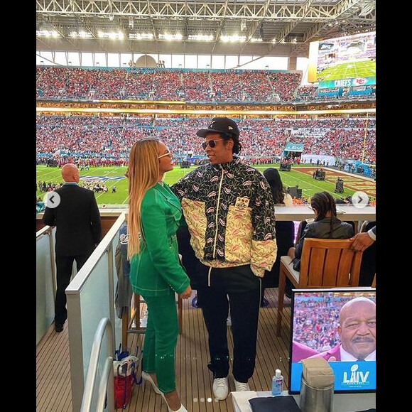 Beyoncé et Jay-Z assistent au Super Bowl LIV opposant les San Francisco 49ers aux Kansas City Chiefs, au Hard Rock Stadium. Miami, le 2 février 2020.