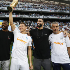 Steve Mandanda, Florian Thauvin, Adil Rami et Franck Le Gall - Match OM-Toulouse FC pour le lancement de la saison 2018/2019 du championnat de football de Ligue 1 au stade Vélodrome à Marseille. Le 10 août 2018.