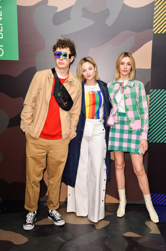 Norman Thavaud, sa compagne Martha Gambet et Lucie-Rose Mahe assistent à la présentation de la nouvelle collection Automne-Hiver 2020-2021 de "United Colors of Benetton" lors de la Fashion Week de Milan. Le 20 février 2020.