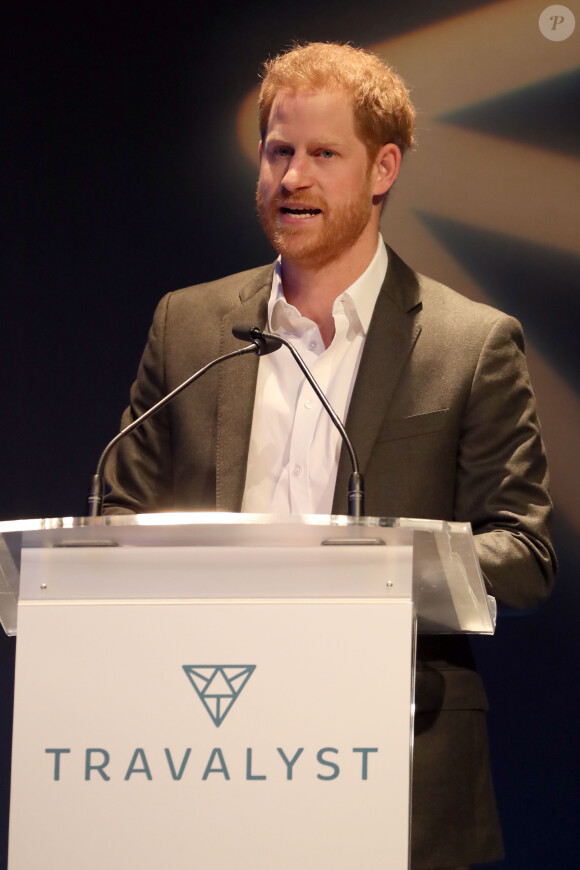 Le prince Harry, duc de Sussex, lors d'un sommet sur le tourisme durable au centre de conférences international d'Edimbourg, Ecosse, Royaume Uni, le 26 février 2020.