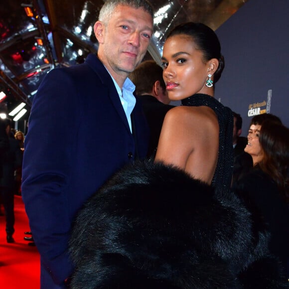 Exclusif - Vincent Cassel et sa compagne Tina Kunakey lors de l'arrivée à la 45ème cérémonie des Cesar à la salle Pleyel à Paris, le 28 février 2020.