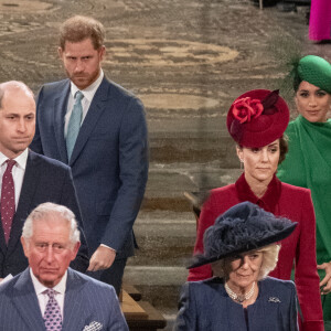 Le prince William, duc de Cambridge, et Catherine (Kate) Middleton, duchesse de Cambridge, Le prince Charles, prince de Galles, et Camilla Parker Bowles, duchesse de Cornouailles, Le prince Harry, duc de Sussex, Meghan Markle, duchesse de Sussex - La famille royale d'Angleterre lors de la cérémonie du Commonwealth en l'abbaye de Westminster à Londres le 9 mars 2020.