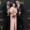 Adam Schlesinger, Rachel Bloom, Jack Dolgen lors de la press romm de la soirée des 2019 Creative Arts Emmy Awards au Microsoft Theater à Los Angeles, Californie, Etats-Unis, le 14 septembre 2019. © Birdie Thompson/AdMedia/Zuma Press/Bestimage