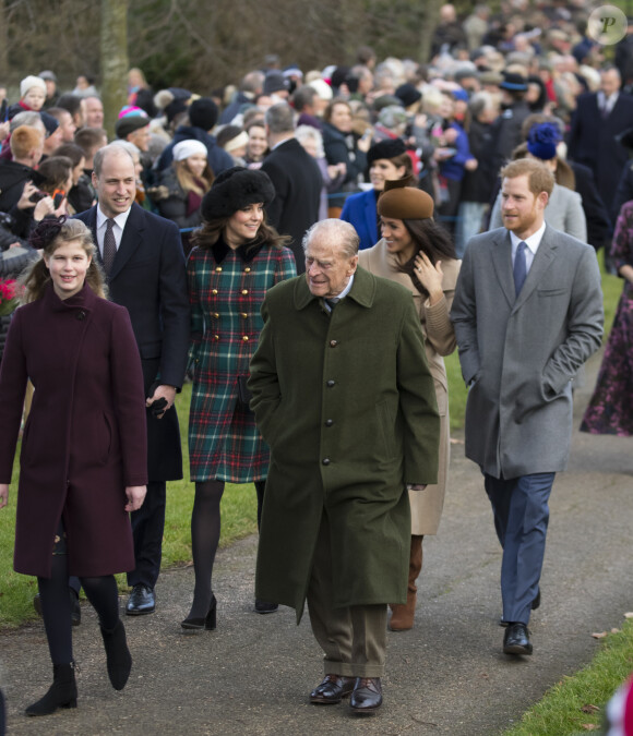 Le prince William, Kate Middleton, Meghan Markle et le prince Harry, le prince Philip, duc d'Edimbourg - La famille royale d'Angleterre arrive à la messe de Noël à l'église Sainte-Marie-Madeleine à Sandringham, le 25 décembre 2017.