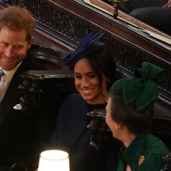 Le prince Harry, duc de Sussex, Meghan Markle, duchesse de Sussex et la princesse Anne - Cérémonie de mariage de la princesse Eugenie d'York et Jack Brooksbank en la chapelle Saint-George au château de Windsor, Royaume Uni le 12 octobre 2018.