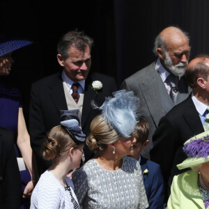 La reine Elisabeth II d'Angleterre, Le prince Philip, duc d'Edimbourg, Le prince Edward, comte de Wessex, Sophie Rhys-Jones, comtesse de Wessex, James Viscount Severn, Lady Louise Windsor, La princesse Anne, Le prince Michael de Kent et La princesse Michael de Kent - Les invités à la sortie de la chapelle St. George au château de Windsor, Royaume Uni, le 19 mai 2018.