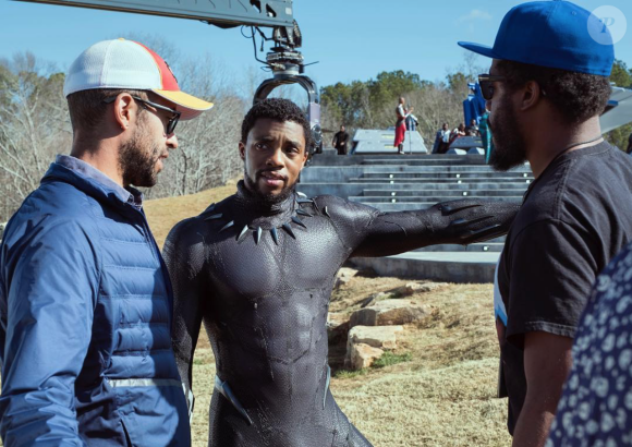 Chadwick Boseman dans les coulisses du tournage du film "Black Panther". Avril 2018.