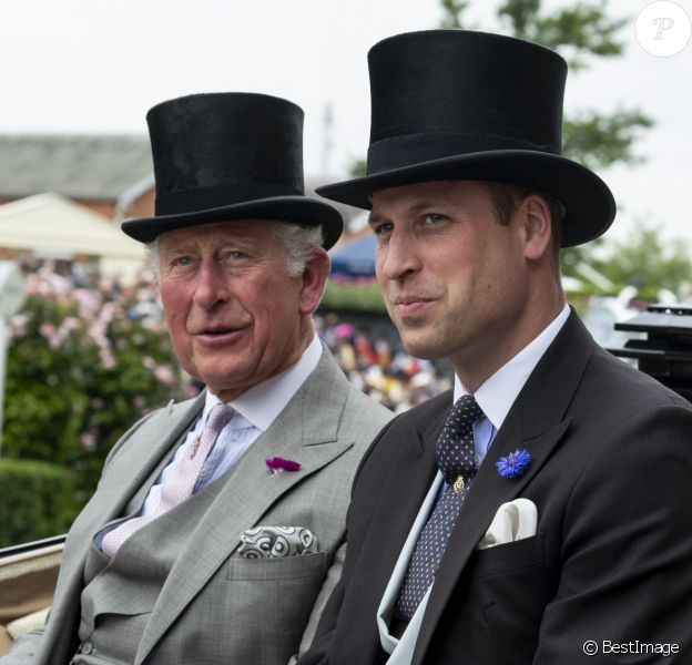 Le prince Charles, prince de Galles, Prince of Wales et le prince William, duc de Cambridge - La famille royale britannique et les souverains néerlandais lors de la première journée des courses d'Ascot 2019, à Ascot, Royaume Uni, le 18 juin 2019.