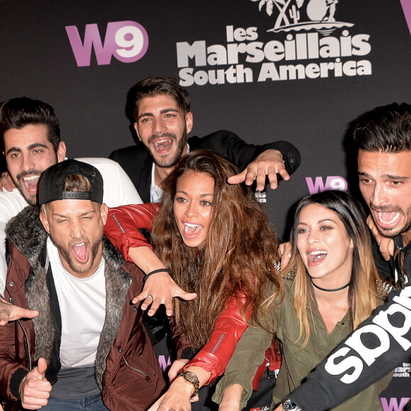 Montaine Mounet, Jessica Thivenin, Carla Moreau, Mathieu Lacroix, Paga, Xavier, Jessica Errero (Jessy), Manon, Julien Tanti et Kevin Guedj - Soirée de lancement de la nouvelle émission de télé-réalité "Les Marseillais South America" au cinéma Gaumont Marignan à Paris, le 21 février 2017. © Veeren/Bestimage