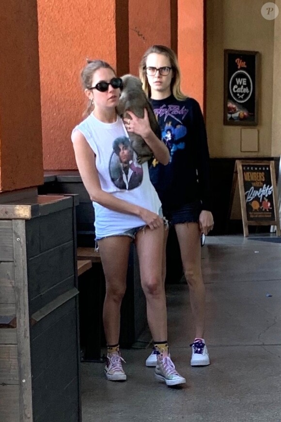 Exclusif - Ashley Benson et Cara Delevingne font les courses avec un de leurs chiots à Los Angeles, pendant l'épidémie de coronavirus (Covid-19), le 26 mars 2020. Avant d'entrer dans le supermarché "Erewhon", elles ont laissé leur chien dans leur voiture.