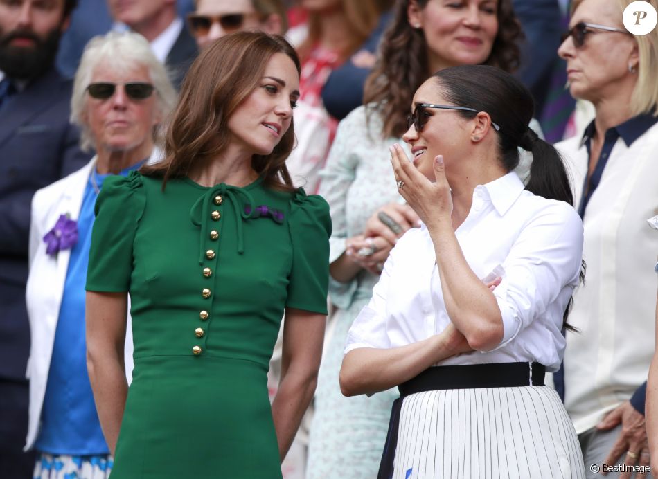 Catherine (Kate) Middleton, duchesse de Cambridge, Meghan Markle, duchesse de Sussex, et Pippa Middleton dans les tribunes lors de la finale femme de Wimbledon &quot;Serena Williams - Simona Halep (2/6 - 2/6) à Londres, le 13 juillet 2019.