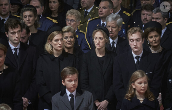 Princeses Lili, Princesse Maria Laura et Prince Joachim de Belgium - Obsèques de la reine Fabiola à Bruxelles, le 12 décembre 2014. 