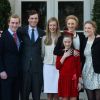 Le prince Amedeo de Belgique, sa fiancée Elisabetta Maria Rosboch von Wolkenstein avec le prince Joachim, la princesse Maria Laura, la princesse Laetitia Maria, la princesse Luisa Maria à la Villa Schonenberg, à Bruxelles, le 16 février 2014.