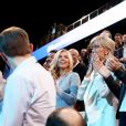 Brigitte Macron et ses filles Laurence Auzière Jourdan (cardiologue) et Tiphaine Auzière (avocate), Line Renaud - La famille, les amis et soutiens d'Emmanuel Macron dans les tribunes lors du grand meeting d'Emmanuel Macron à l'AccorHotels Arena à Paris, le lundi 17 avril 2017. © Dominique Jacovides - Sébastien Valiela / Bestimage