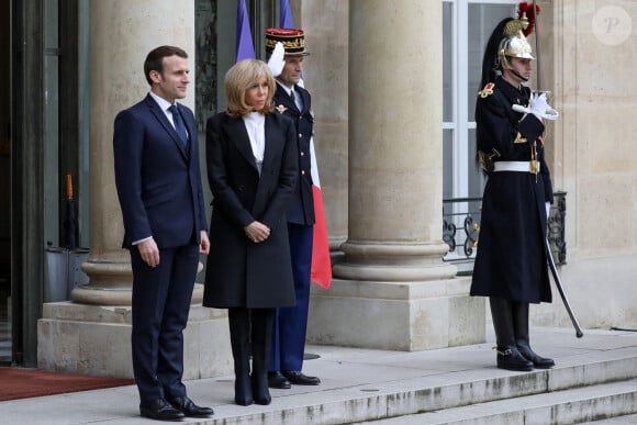 Le président Emmanuel Macron, la première dame Brigitte Macron - Le roi et la reine d'Espagne arrivent au palais de l'Elysée à Paris pour un déjeuner avant la cérémonie à l'occasion de la première journée nationale d'hommage aux victimes du terrorisme le 11 mars 2020. © Stéphane Lemouton / Bestimage