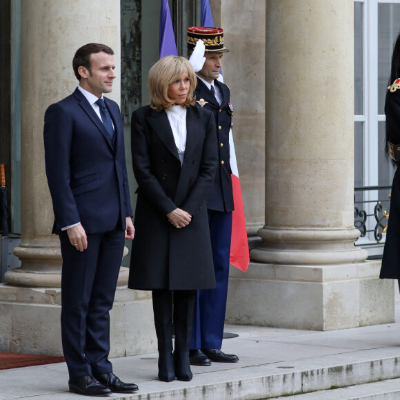 Le président Emmanuel Macron, la première dame Brigitte Macron - Le roi et la reine d'Espagne arrivent au palais de l'Elysée à Paris pour un déjeuner avant la cérémonie à l'occasion de la première journée nationale d'hommage aux victimes du terrorisme le 11 mars 2020. © Stéphane Lemouton / Bestimage