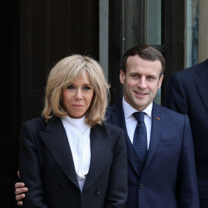 Le président Emmanuel Macron, la première dame Brigitte Macron - Le roi et la reine d'Espagne arrivent au palais de l'Elysée à Paris pour un déjeuner avant la cérémonie à l'occasion de la première journée nationale d'hommage aux victimes du terrorisme le 11 mars 2020. © Stéphane Lemouton / Bestimage