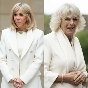 Brigitte Macron lors de la remise du muguet par des représentants de la filière horticole et le président du marché de Rungis au palais de l'Elysée à Paris le 1er mai 2020. © Jacques Witt / Pool / Bestimage - Camilla Parker Bowles, duchesse de Cornouailles, visite l'usine de chemises "Turnbull & Asser" à Gloucester, le 9 juillet 2020.