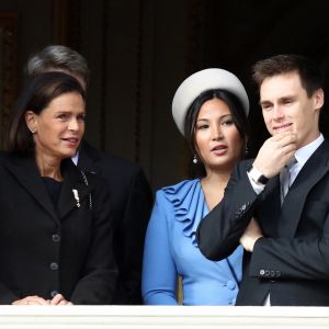 La princesse Stéphanie de Monaco, son fils Louis Ducruet et sa femme Marie Chevallier - La famille princière de Monaco au balcon du palais lors de la Fête nationale monégasque à Monaco. Le 19 novembre 2019 © Dominique Jacovides / Bestimage