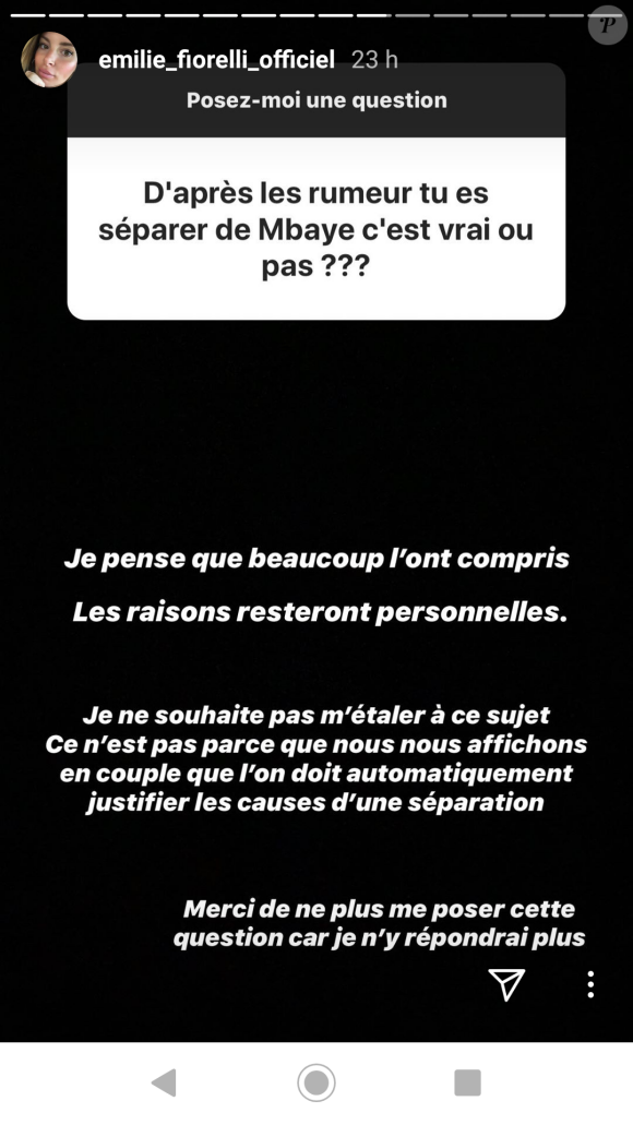 Emilie Fiorelli confirme sa rupture avec M'Baye Niang, le 26 juillet 2020, sur Instagram