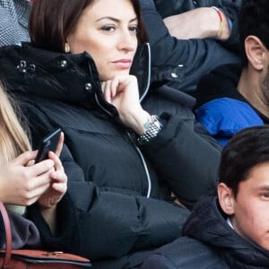 Rachel Legrain-Trapani, enceinte, (Miss France 2007) et son compagnon Valentin Leonard dans les tribunes lors du match de Ligue 1 "PSG - Dijon (4-0)" au Parc des Princes, le 29 février 2020. © Cyril Moreau/Bestimage