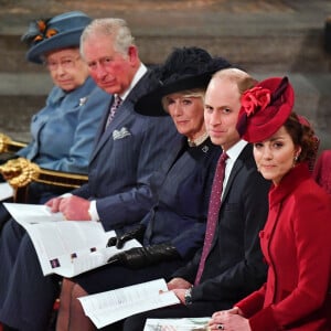 Kate Catherine Middleton, duchesse de Cambridge, le prince William, duc de Cambridge, Camilla Parker Bowles, duc hesse de Cornouailles, le prince Charles et la reine Elisabeth II d'Angleterre - La famille royale d'Angleterre lors de la cérémonie du Commonwealth en l'abbaye de Westminster à Londres. Le 9 mars 2020