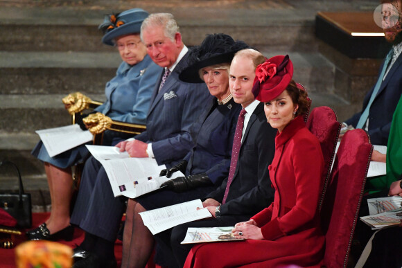 Kate Catherine Middleton, duchesse de Cambridge, le prince William, duc de Cambridge, Camilla Parker Bowles, duc hesse de Cornouailles, le prince Charles et la reine Elisabeth II d'Angleterre - La famille royale d'Angleterre lors de la cérémonie du Commonwealth en l'abbaye de Westminster à Londres. Le 9 mars 2020