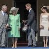 Camilla Parker Bowles, duchesse de Cornouailles, le prince Harry, duc de Sussex, et Meghan Markle, duchesse de Sussex, lors de la garden party pour les 70 ans du prince Charles au palais de Buckingham à Londres en 2018