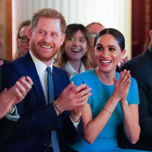 Le prince Harry, duc de Sussex, et Meghan Markle, duchesse de Sussex lors de la cérémonie des Endeavour Fund Awards au Mansion House à Londres, Royaume Uni (2020).