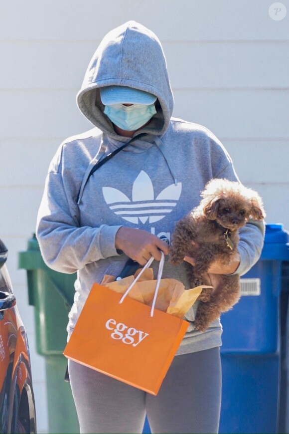 Exclusif - Katy Perry très enceinte fait des courses en compagnie de son petit chien Nugget à Los Angeles pendant l'épidémie de coronavirus (Covid-19), le 11 août 2020