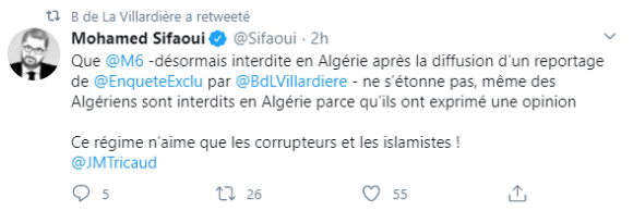 Bernard de La Villardière a retweeté un message de Mohamed Sifaoui après la polémique concernant "Algérie, le pays de toutes les révoltes", un numéro d'"Enquête exclusive" diffusé le 20 septembre 2020 sur M6.
