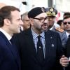 Le président de la République française Emmanuel Macron, le roi Mohammed VI du Maroc, Jean-Yves Le Drian, ministre de l'Europe et des Affaires Etrangères et le directeur général de l'ONCF Mohammed Rabie Khlie arrivent pour l'inauguration de la ligne à grande vitesse Tanger-Casablanca à la gare de Tanger-Ville à Tanger, Maroc. © Marwane Sobai/Bestimage