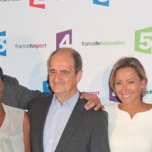 Anne-Elisabeth Lemoine, Matthieu Noël, Babette de Rozières, Pierre Lescure, Anne-Sophie Lapix, Maxime Switek et Luana Belmondo - Conférence de presse de rentrée de France Télévisions au Palais de Tokyo à Paris, le 26 août 2014.