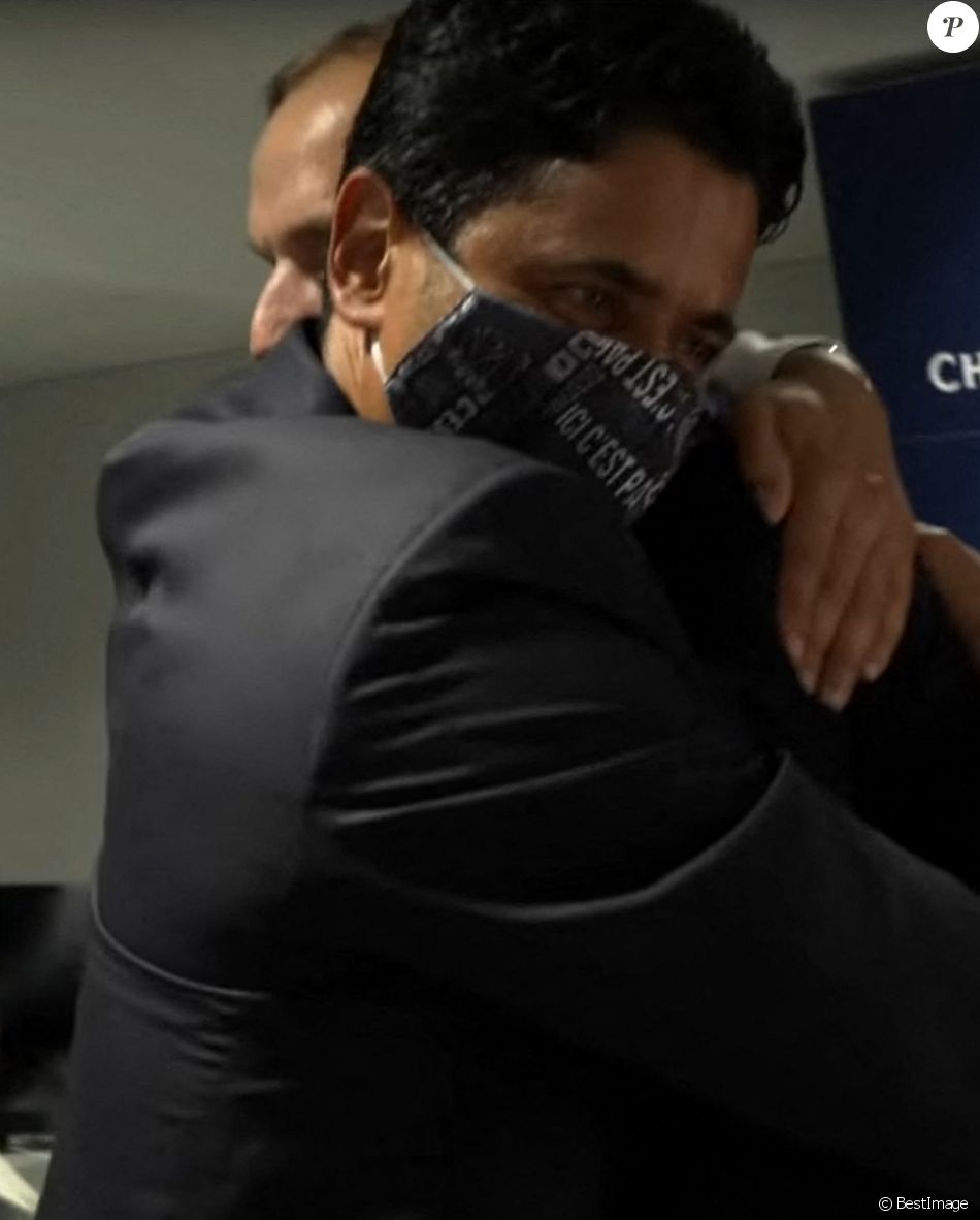 Nasser al-Khelaïfi et Thomas Tuchel - Ambiance de fête dans le vestiaire du PSG après sa victoire 2 à 1 face à l&#039;Atalanta ( Atalanta Bergame) en 1/4 de finale de la Ligue des Champions à Lisbonne le 12 Août 2020. © We Are Paris via Bestimage   