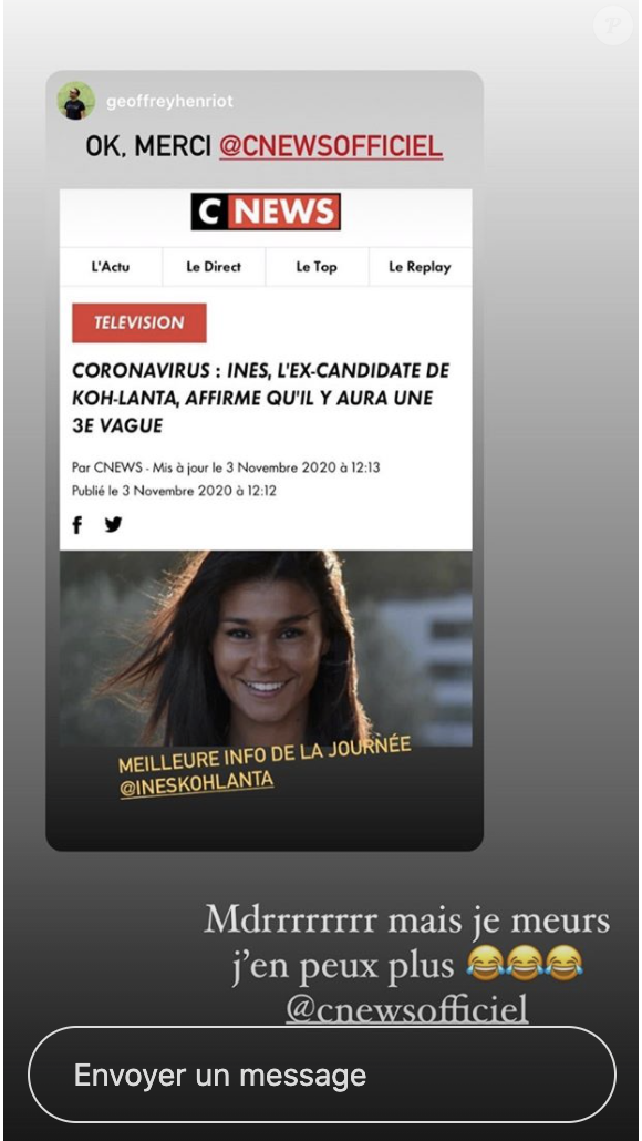 Inès (Koh-Lanta) s'amuse de l'article sur son annonce de la "troisième vague du coronavirus".