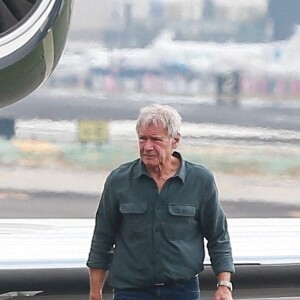 Exclusif - Harrison Ford et sa femme C. Flockhart partent en jet privé de l'aéroport de Hawthorne avec leurs chiens à Los Angeles, le 8 octobre 2020