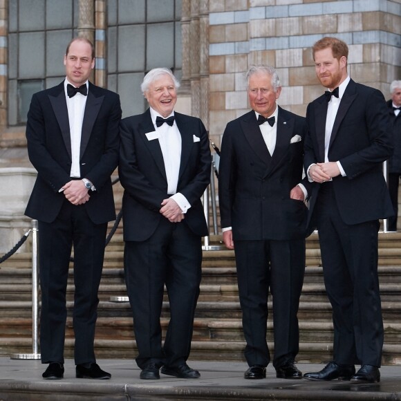 Le prince William, duc de Cambridge, Sir David Attenborough, le prince Charles, prince de Galles, le prince Harry, duc de Sussex, à la première de la série Netflix "Our Planet" au Musée d'Histoires Naturelles à Londres, le 4 avril 2019.