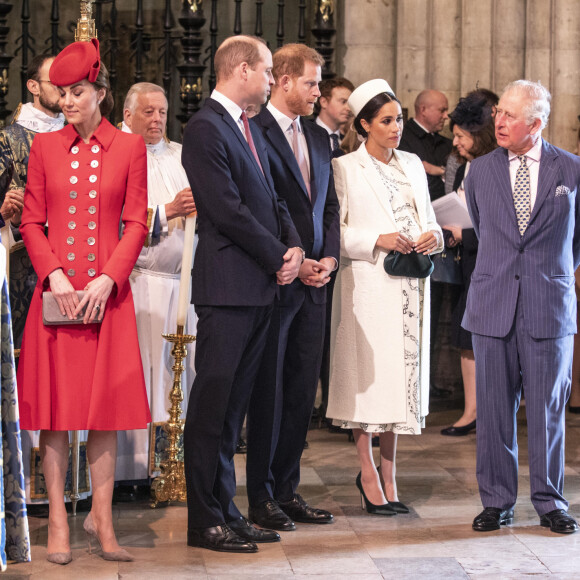 Catherine Kate Middleton, duchesse de Cambridge, le prince William, duc de Cambridge, le prince Harry, duc de Sussex, Meghan Markle, enceinte, duchesse de Sussex, le prince Charles, prince de Galles lors de la messe en l'honneur de la journée du Commonwealth à l'abbaye de Westminster à Londres le 11 mars 2019.