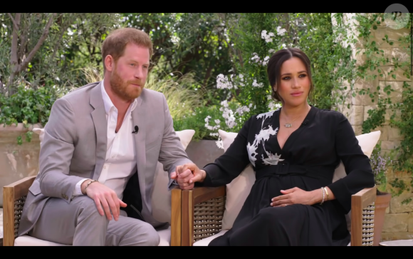 Meghan Markle (enceinte) lors de son interview avec le prince Harry et Oprah Winfrey, qui sera diffusée le 7 mars 2021 sur CBS.