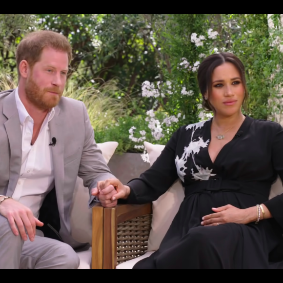 Meghan Markle (enceinte) lors de son interview avec le prince Harry et Oprah Winfrey, qui sera diffusée le 7 mars 2021 sur CBS.