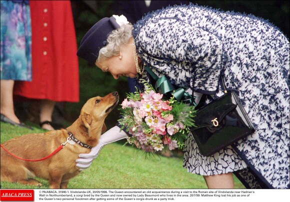 La reine Elizabeth II caresse un corgi lors d'une visite en mai 1998.