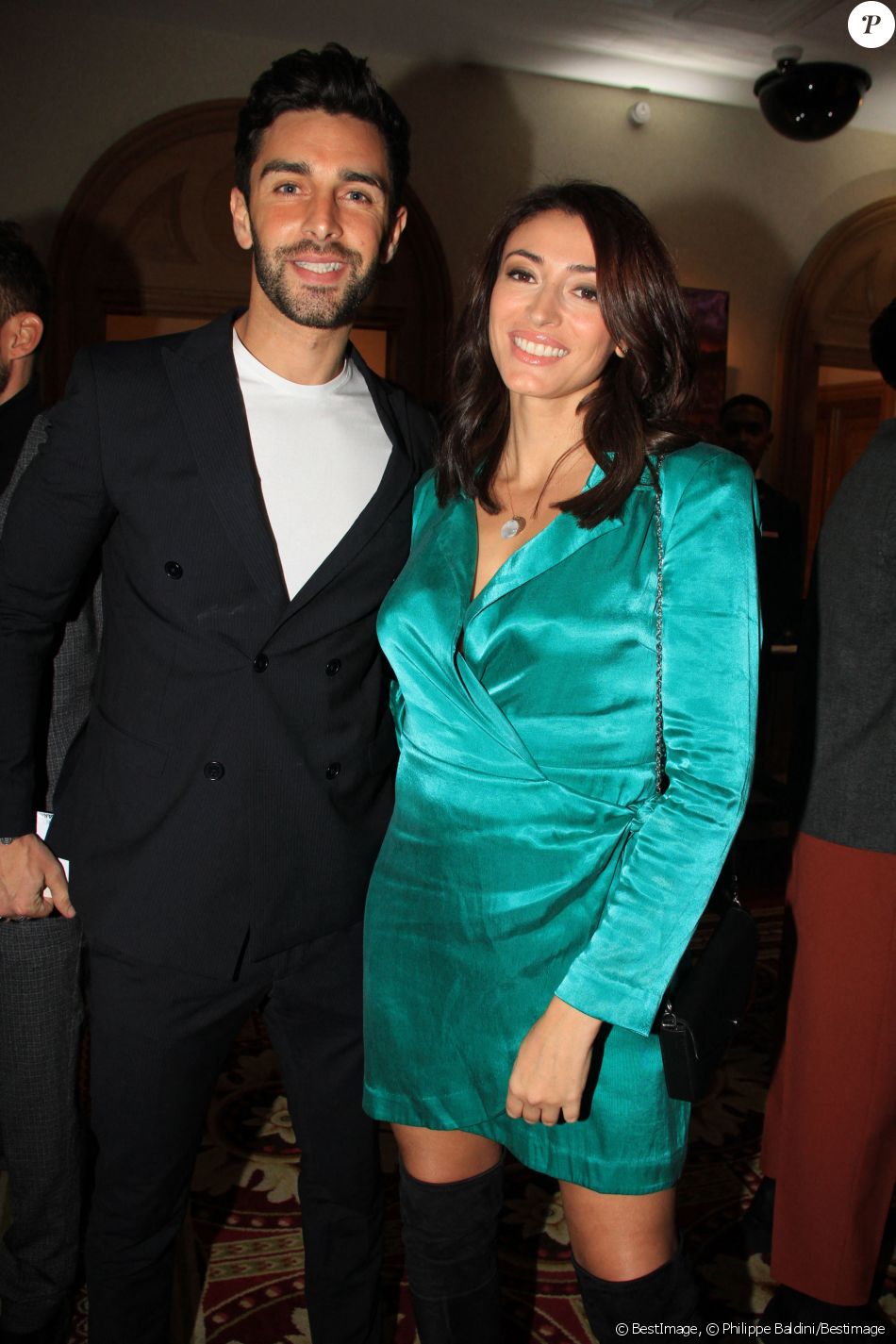 Naissance - Rachel Legrain-Trapani a donné naissance à un petit garçon prénommé Andrea - Semi-exclusif - Rachel Legrain-Trapani et son compagnon Valentin Léonard - Soirée du Grand Dîner à l'hôtel Marriott Champs-Elysées à Paris le 18 décembre 2019. © Philippe Baldini/Bestimage