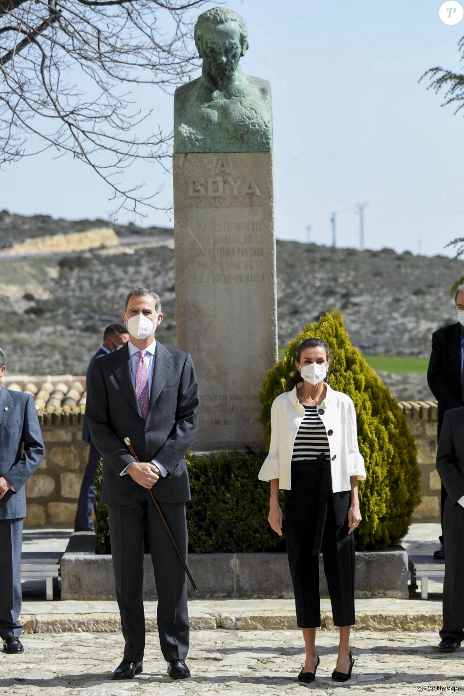 Le roi Felipe VI et la reine Letizia d'Espagne en visite à Fuendetodos, à l'occasion du 275ème anniversaire de la naissance du peintre espagnol Francisco de Goya. Le 29 mars 2021