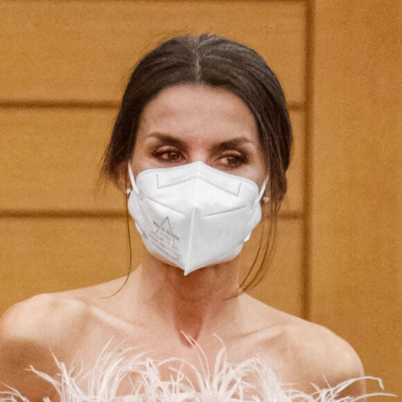 La reine Letizia d'Espagne au dîner officiel donné par les Coprince d'Andorre à Andorre-la-Vieille le 25 mars 2021.