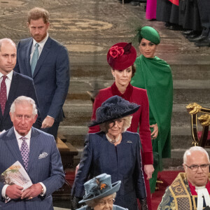 Le prince William, duc de Cambridge, et Catherine (Kate) Middleton, duchesse de Cambridge, Le prince Charles, prince de Galles, et Camilla Parker Bowles, duchesse de Cornouailles, La reine Elisabeth II d’Angleterre, Le prince Harry, duc de Sussex, Meghan Markle, duchesse de Sussex - La famille royale d'Angleterre lors de la cérémonie du Commonwealth en l'abbaye de Westminster à Londres le 9 mars 2020.  Annual Commonwealth Service at Westminster Abbey in London, March 9th 2020. 