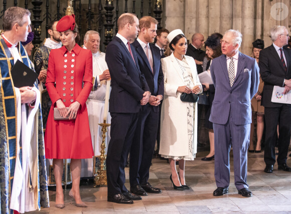 Catherine Kate Middleton, duchesse de Cambridge, le prince William, duc de Cambridge, le prince Harry, duc de Sussex, Meghan Markle, duchesse de Sussex (enceinte de son fils Archie), le prince Charles, prince de Galles lors de la messe en l'honneur de la journée du Commonwealth à l'abbaye de Westminster à Londres le 11 mars 2019.