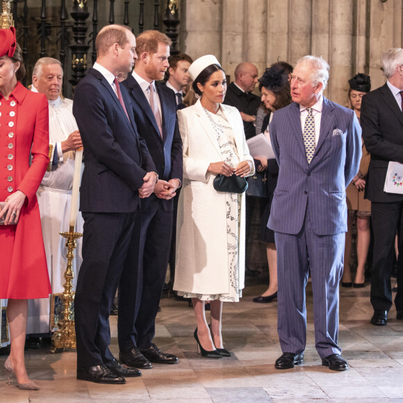 Catherine Kate Middleton, duchesse de Cambridge, le prince William, duc de Cambridge, le prince Harry, duc de Sussex, Meghan Markle, duchesse de Sussex (enceinte de son fils Archie), le prince Charles, prince de Galles lors de la messe en l'honneur de la journée du Commonwealth à l'abbaye de Westminster à Londres le 11 mars 2019.