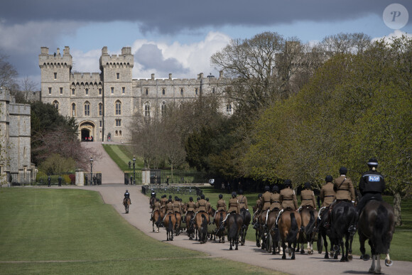 The Kings Troop Royal Horse Artillery lors des répétition pour les funérailles du prince Philip, duc d'Edimbourg, au château de Windsor, Royaume Uni, le 15 avril 2021.