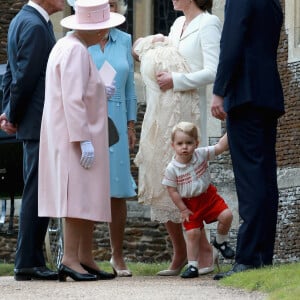 Le prince William, Catherine Kate Middleton, la duchesse de Cambridge, leur fils le prince George de Cambridge, la princesse Charlotte de Cambridge, le prince Philip duc d'Edimbourg, la reine Elisabeth II et Camilla Parker Bowles, la duchesse de Cornouailles - Sorties après le baptême de la princesse Charlotte de Cambridge à l'église St. Mary Magdalene à Sandringham, le 5 juillet 2015.